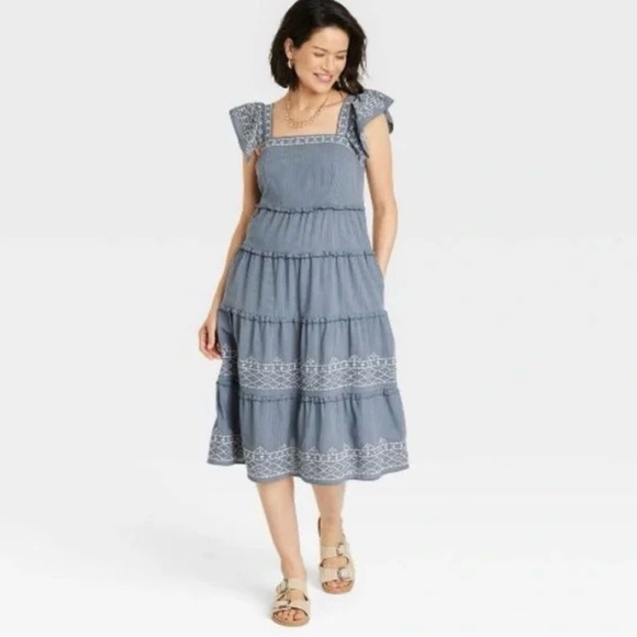 Knox Rose Blue Steel Shore embroidered tiered midi dress SZ L Cotton Blend Boho - Picture 3 of 12